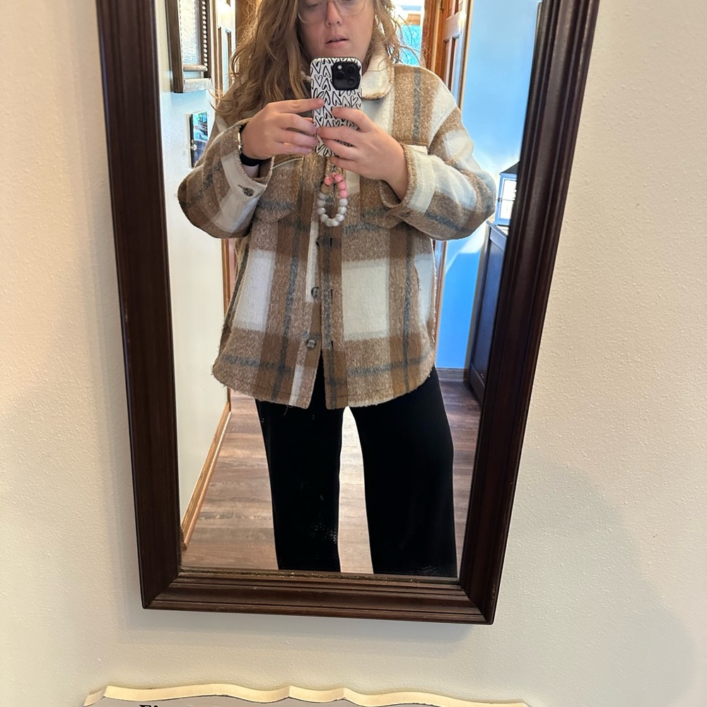 Avec Les Filles Tan and Cream Plaid Teddy Jacket